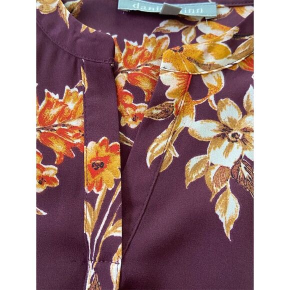 Daniel Rainn Split Neck Blouse Burgundy/Orange Floral Roll Tab Sleeve​ Size PXS - Picture 7 of 14
